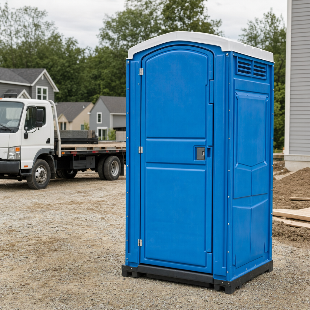 Delivery driver positioning a clean royal-blue portable toilet on level ground at a Milwaukee worksite