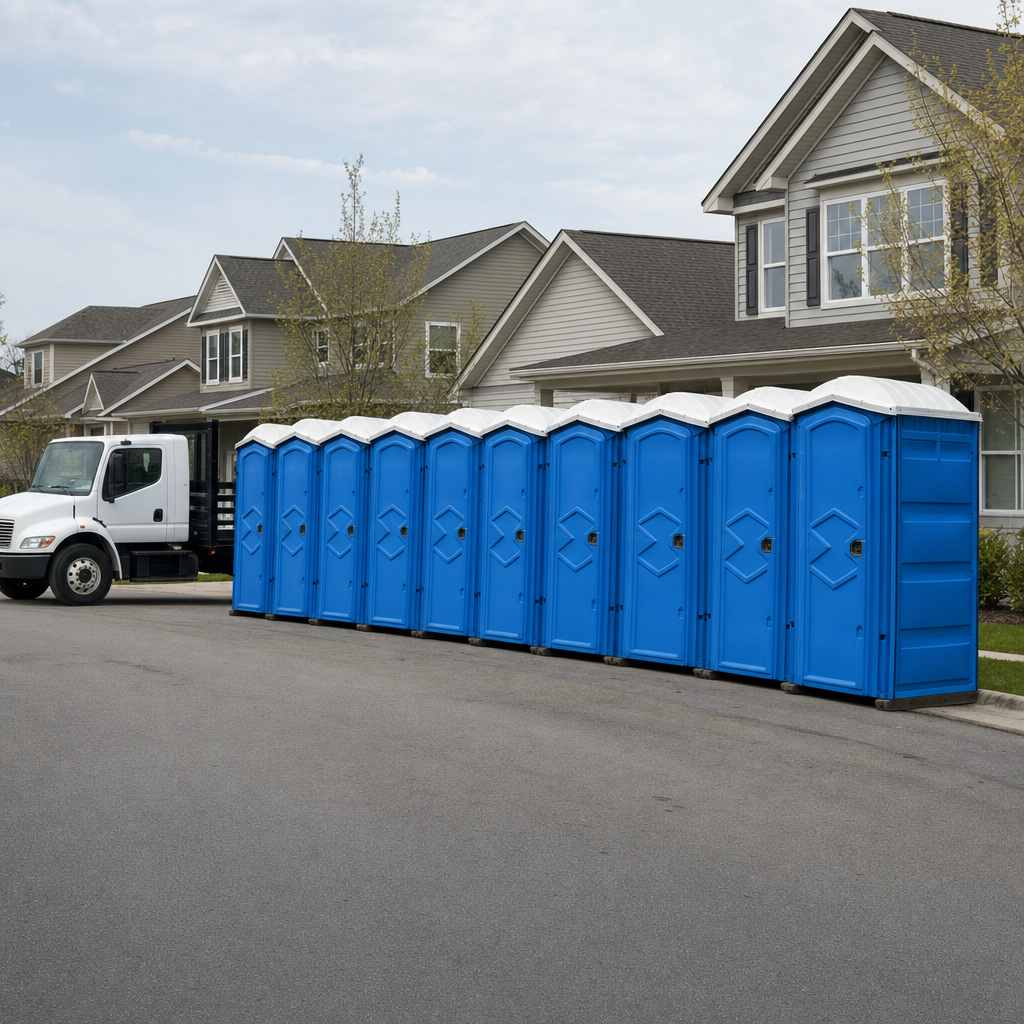 Royal blue portable toilets staged in a tidy row at a Milwaukee jobsite, ready for delivery
